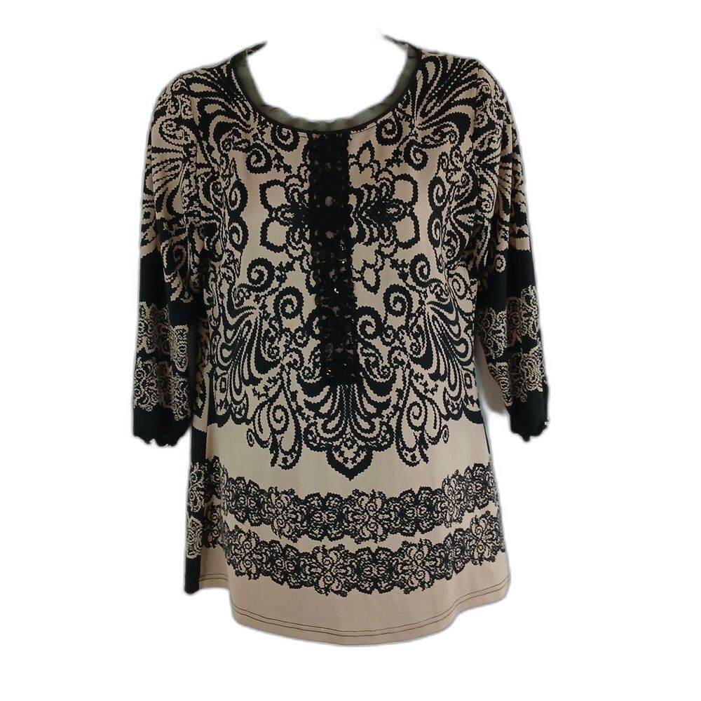 Anac Design By Kimi Top Black Beige 3/4 Sleeve Sz M  Casual Office‎ Artsy